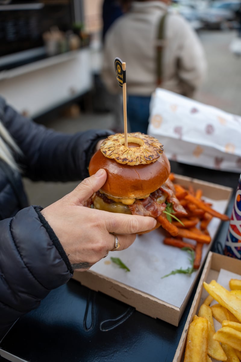 Pineapple burger with sweet potato fries